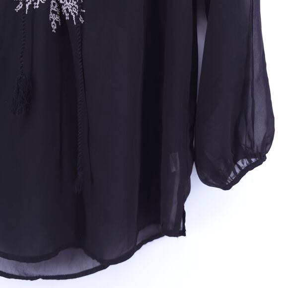 AEO American Eagle Boho Peasant 70s Black Sheer Embroidered Blouse Rope Tassel M - Picture 6 of 13